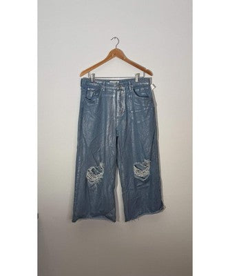 Fashionova Wide Leg Jeans Women Size 13 Silver Metallic Distressed Cropped