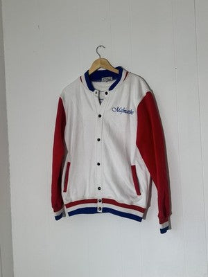 Mafmatiks Jacket Unisex Medium White Red Blue Varsity Snap College Sports Bomber