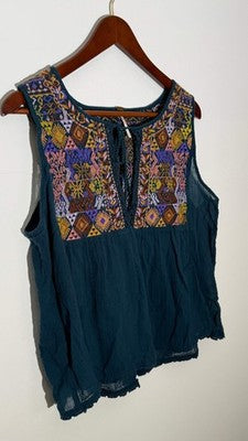 Free People Teal Embroidered Boho Sleeveless Peasant Blouse Relaxed Fit Size Large
