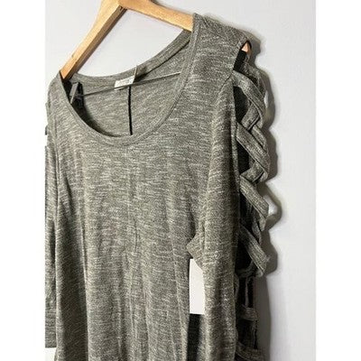 Terra & Sky Olive Green Knit Top with Ladder Cutout Sleeves - Size 1X (16W-18W)
