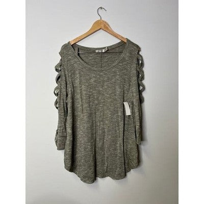 Terra & Sky Olive Green Knit Top with Ladder Cutout Sleeves - Size 1X (16W-18W)