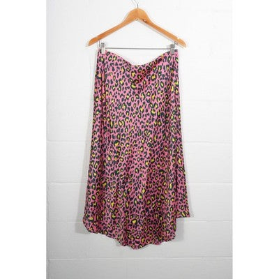 Scoop Satin Asymmetric Skirt Women Large Pink Leopard Animal Print Midi