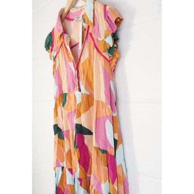 Umgee Dress Women Large Multi Color Abstract Geometric Tiered Babydoll Mini