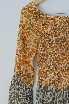 Cato Mixed Leopard Print Midi Dress Women Small Orange Olive Smocked Bell Sleeve