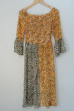 Cato Mixed Leopard Print Midi Dress Women Small Orange Olive Smocked Bell Sleeve