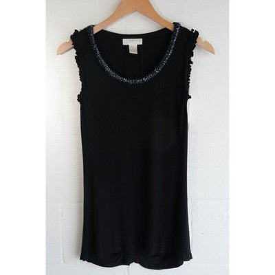 Kenar Tank Top Women Large Black Beaded Neck Ruffle Sleeve Viscose Ruching