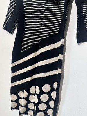 J. Taylor Sweater Dress Womens Medium Black Striped Polka Dot Knit 3/4 Sleeve