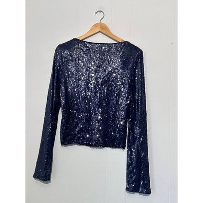 Wild Fable Sequin Top Women Large Navy Blue Long Sleeve Keyhole