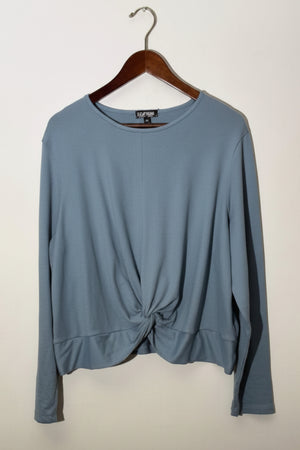 Feathers Light Blue Front Knot Twist Long Sleeve Ribbed Knit Top, Size 3X