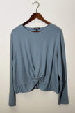 Feathers Light Blue Front Knot Twist Long Sleeve Ribbed Knit Top, Size 3X