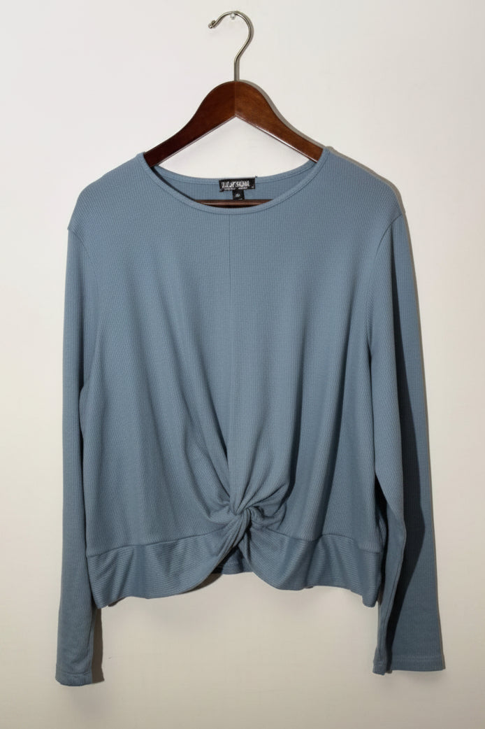 Feathers Light Blue Front Knot Twist Long Sleeve Ribbed Knit Top, Size 3X