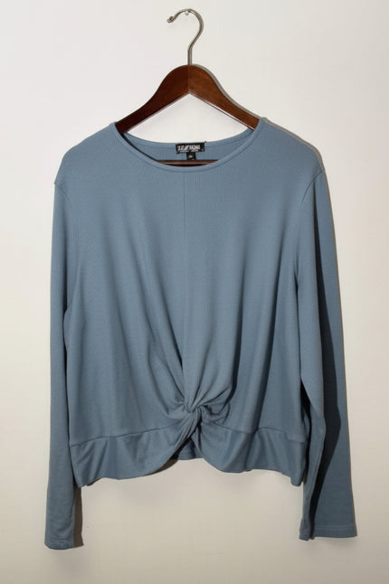 Feathers Light Blue Front Knot Twist Long Sleeve Ribbed Knit Top, Size 3X