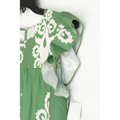 Shein Tiered Dress Women Large Green White Flutter Sleeve Damask Print Babydoll