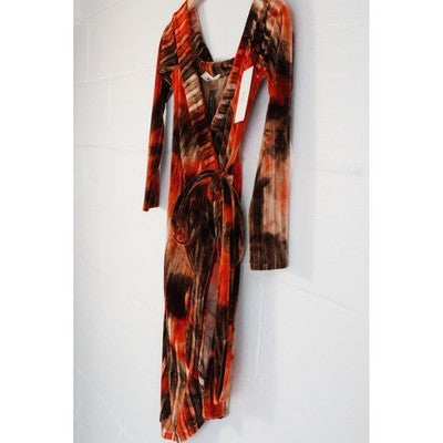 Monaco Velvet Wrap Dress Womens Small Orange Brown Off Shoulder Long Sleeve