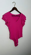 Hot Pink Ribbed V-Neck Ruffle Sleeve Bodysuit, Large