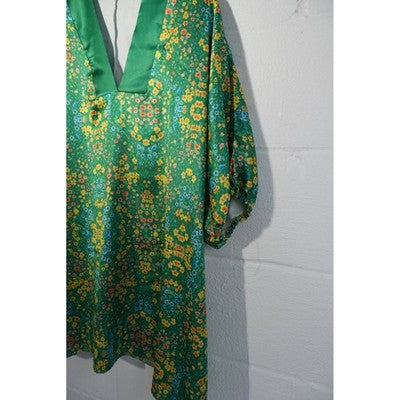 Floral Satin V-Neck Blouse Women Large Green Puff Sleeve Boho Top