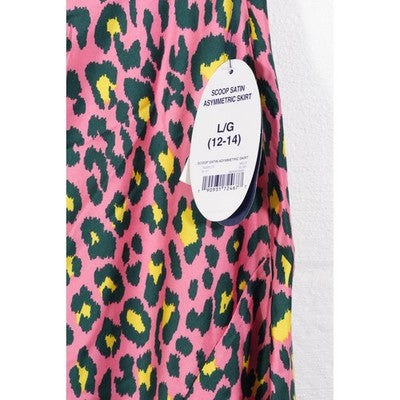 Scoop Satin Asymmetric Skirt Women Large Pink Leopard Animal Print Midi