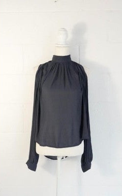 Mono B Cold Shoulder Blouse Women Medium Gray Mock Neck Pleated Backless Top