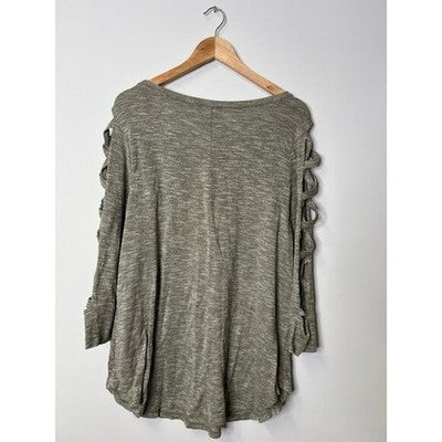 Terra & Sky Olive Green Knit Top with Ladder Cutout Sleeves - Size 1X (16W-18W)