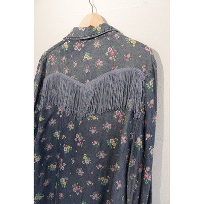 SHEIN Button Down Shirt Women X-Large Blue Floral Fringe Western Denim Top