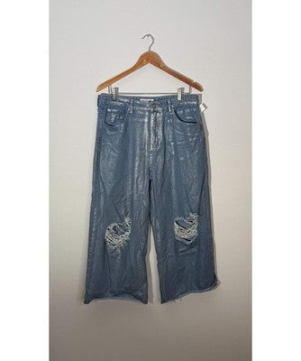 Fashionova Wide Leg Jeans Women Size 13 Silver Metallic Distressed Cropped
