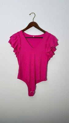 Hot Pink Ribbed V-Neck Ruffle Sleeve Bodysuit, Large