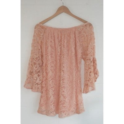 WinWin Full Lace Tunic Women Small/Medium Peach Off Shoulder Bell Sleeve Top