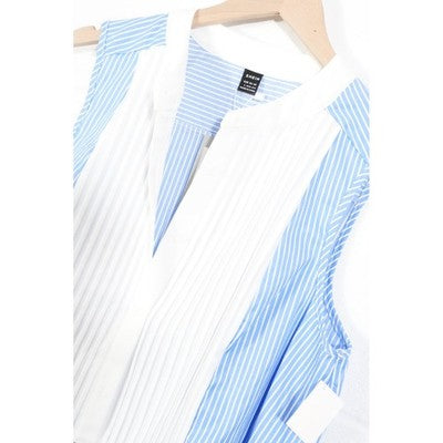 SHEIN Sleeveless Blouse Women Large Blue White Striped Pleated Tuxedo Bib Top