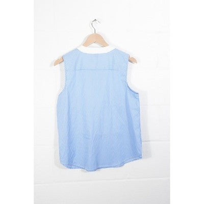 SHEIN Sleeveless Blouse Women Large Blue White Striped Pleated Tuxedo Bib Top