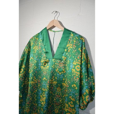 Floral Satin V-Neck Blouse Women Large Green Puff Sleeve Boho Top
