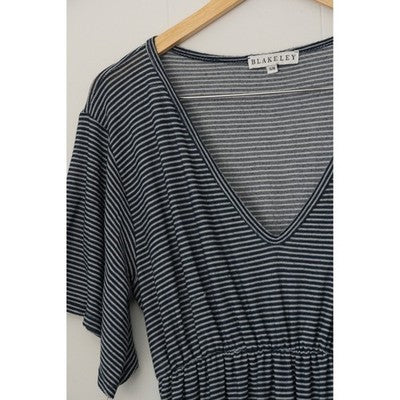 Blakeley Maxi Dress Women Small/Medium Dark Navy Blue Striped Ruffle V-Neck