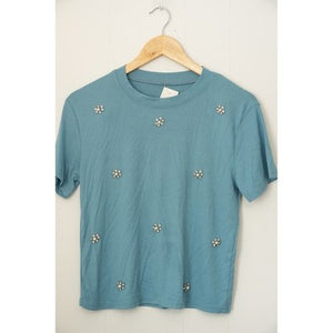 Embellished Ribbed T-Shirt Women Small Rhinestone Pearl Floral