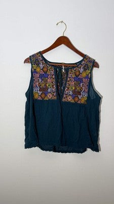 Free People Teal Embroidered Boho Sleeveless Peasant Blouse Relaxed Fit Size Large