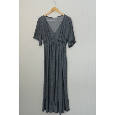 Blakeley Maxi Dress Women Small/Medium Dark Navy Blue Striped Ruffle V-Neck