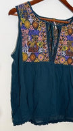 Free People Teal Embroidered Boho Sleeveless Peasant Blouse Relaxed Fit Size Large