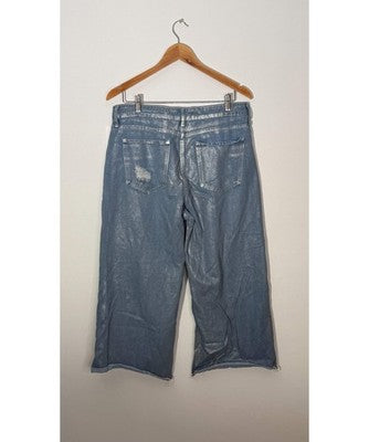 Fashionova Wide Leg Jeans Women Size 13 Silver Metallic Distressed Cropped