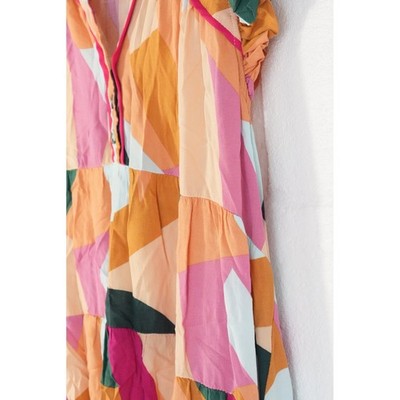 Umgee Dress Women Large Multi Color Abstract Geometric Tiered Babydoll Mini