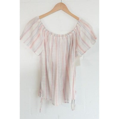 Pink Rose Off The Shoulder Blouse Womens Small Coral Blue Striped Short Sleeve