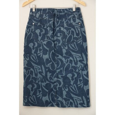 Cato Est. 1946 Denim Midi Skirt Women Size 2 Blue Heart Swirl Print Pencil Skirt