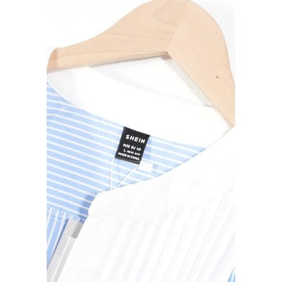 SHEIN Sleeveless Blouse Women Large Blue White Striped Pleated Tuxedo Bib Top