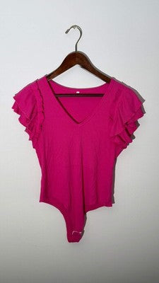 Hot Pink Ribbed V-Neck Ruffle Sleeve Bodysuit, Large