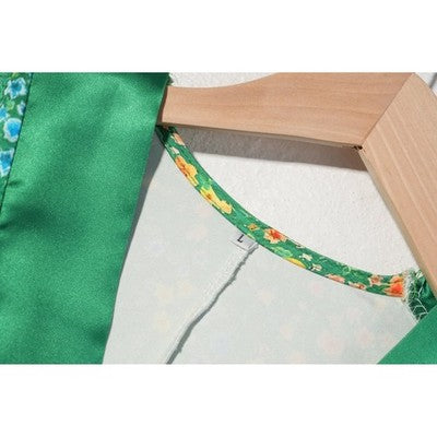 Floral Satin V-Neck Blouse Women Large Green Puff Sleeve Boho Top