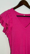 Hot Pink Ribbed V-Neck Ruffle Sleeve Bodysuit, Large