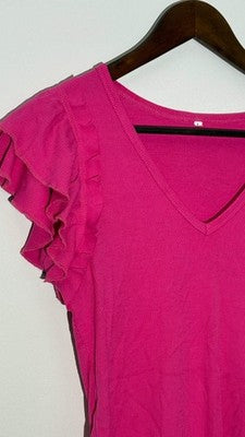 Hot Pink Ribbed V-Neck Ruffle Sleeve Bodysuit, Large