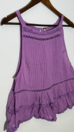 Free People Purple Boho Lace Trim Pintuck Ruffle Button Back Tank Top, Size Larg