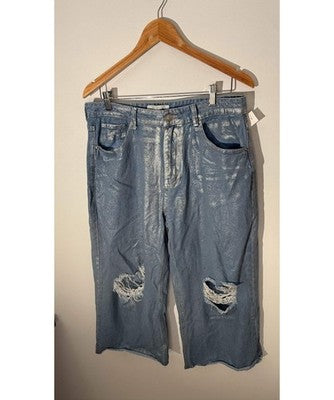 Fashionova Wide Leg Jeans Women Size 13 Silver Metallic Distressed Cropped