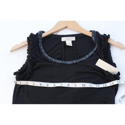 Kenar Tank Top Women Large Black Beaded Neck Ruffle Sleeve Viscose Ruching