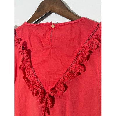 J. Crew Coral Red Eyelet Ruffle Trim Sleeveless Top Regular Fit Size Medium