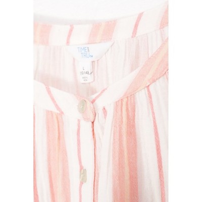 Time and Tru Double Cloth Midi Dress Women Large Coral Peony Striped Button