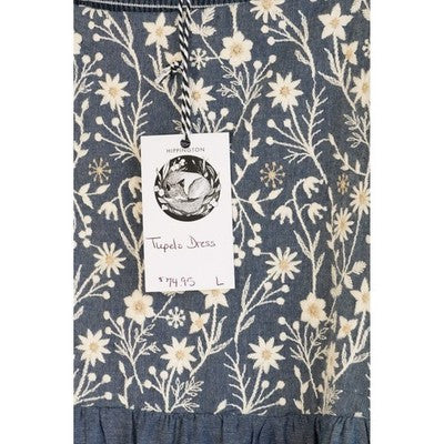 Hippington Tupelo Dress Women Large Blue Floral Embroidered Puff Sleeve Smocked